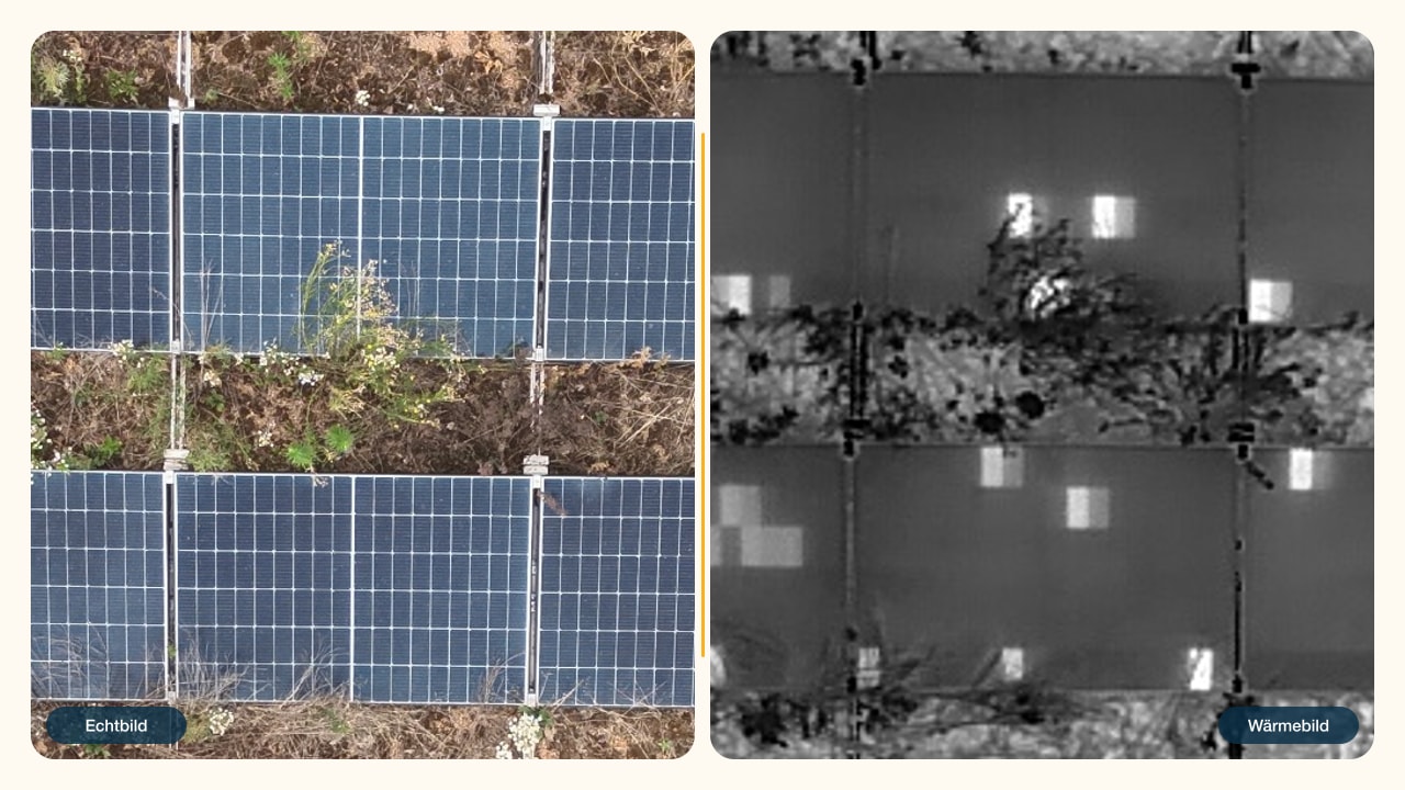 Vor-Ort-Wartung: Echtbild und Wärmebild derselben Photovoltaikmodule